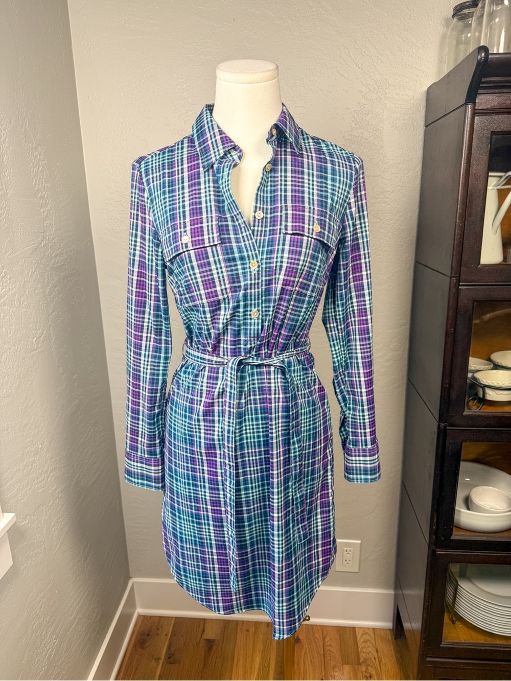 Peter Millar Plaid Belted Shirt Dress Blue Purple Stretch Roll Tab Size XS